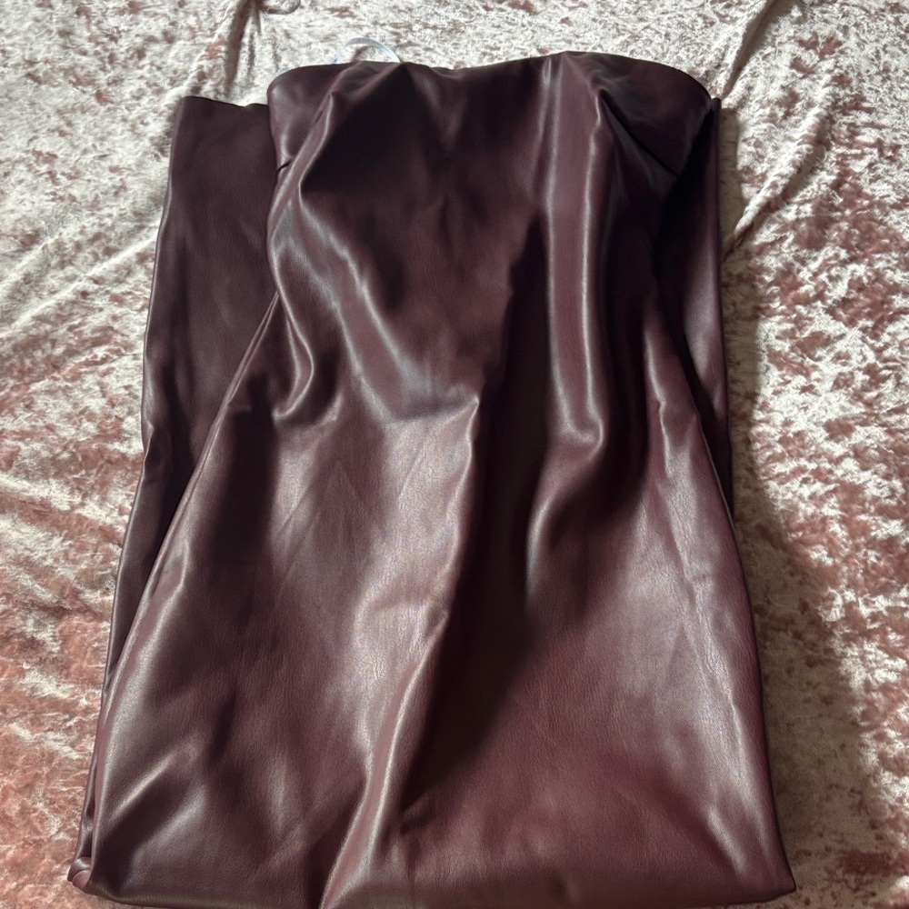 White fox Boutique Strapless Faux Leather Midi Dress in Deep Burgundy
